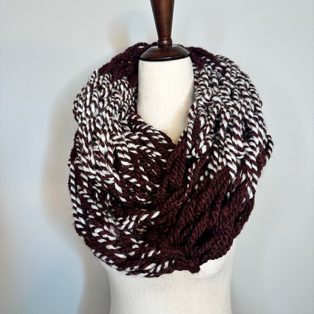 Burgundy and White woven infinity scarf